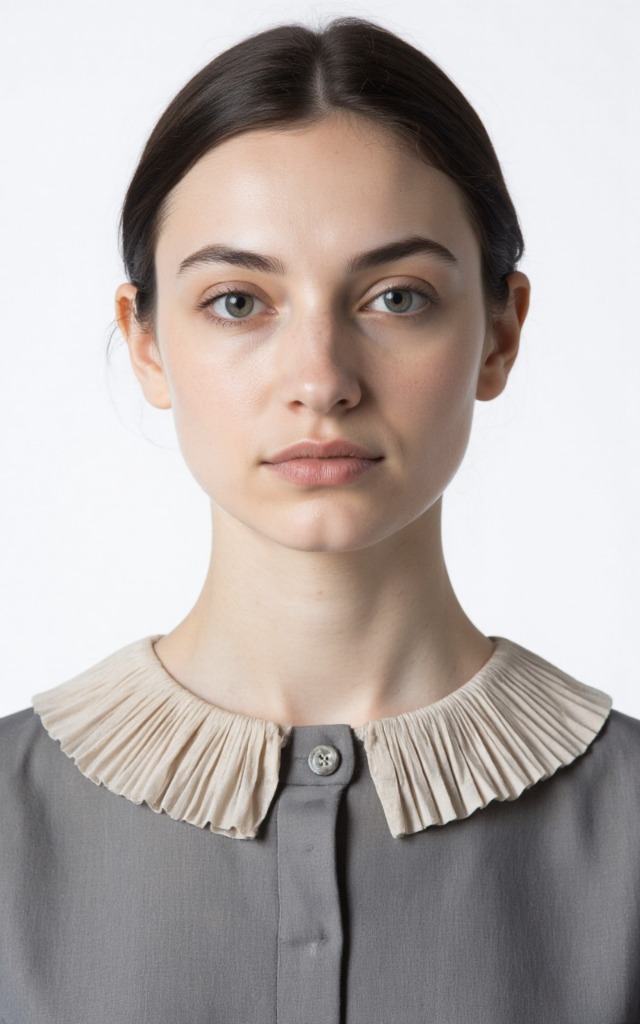 A French female model wearing a dress with a Pleated collar, white background, front   facing bust portrait
